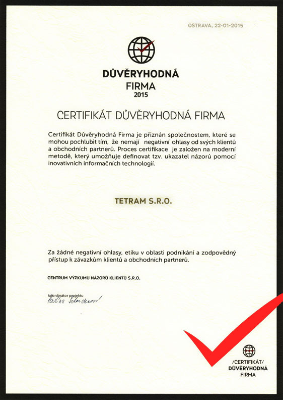 TETRAM-Důvěryhodná firma certifikát
